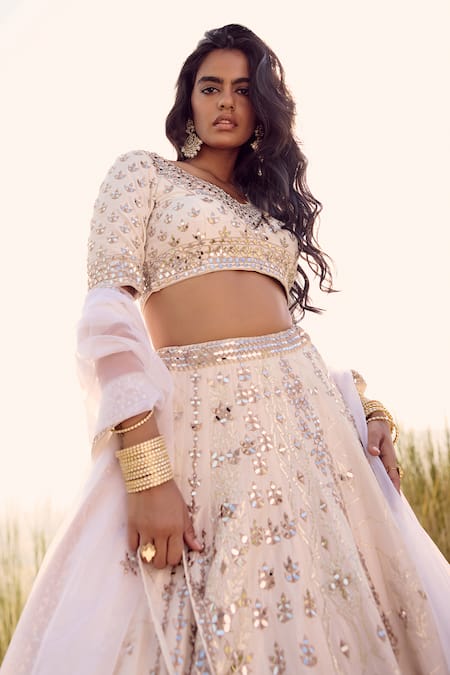 Buy_Labelmayaa_Ivory Silk, Organza Mirrors, Embroidery Asymmetric 24 Kali Lehenga Set _Online_at_Aza_Fashions