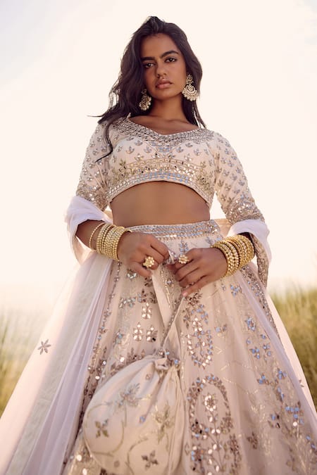 Shop_Labelmayaa_Ivory Silk, Organza Mirrors, Embroidery Asymmetric 24 Kali Lehenga Set _Online_at_Aza_Fashions