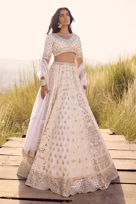 Shop_Labelmayaa_Ivory Silk, Organza Mirrors, Embroidery Asymmetric 24 Kali Lehenga Set _at_Aza_Fashions