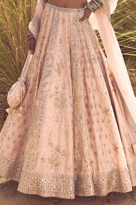 Labelmayaa_Peach Silk, Organza Mirrors, Embroidery Asymmetric Lehenga Set _Online_at_Aza_Fashions