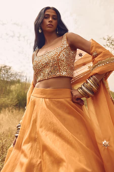Labelmayaa_Orange Silk, Organza Mirrors, Embroidery Round Neck Rust Lehenga Set _Online_at_Aza_Fashions