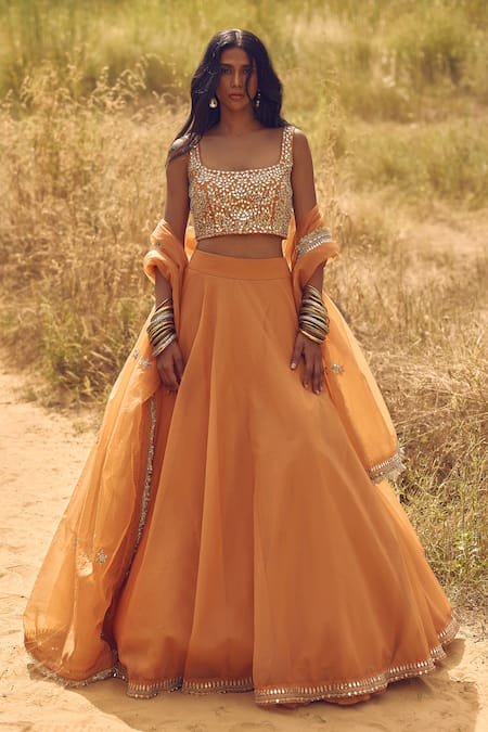 Labelmayaa Rust Orange Mirror Embroidered Lehenga Set 