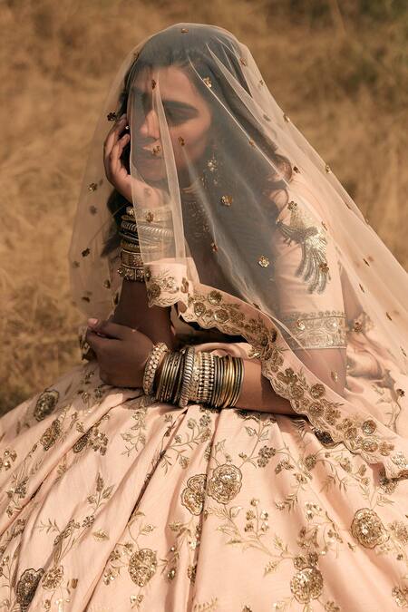 Labelmayaa_Pink Silk, Net Sequins, Embroidery Sweetheart Neck Bird Bridal Lehenga Set _Online_at_Aza_Fashions