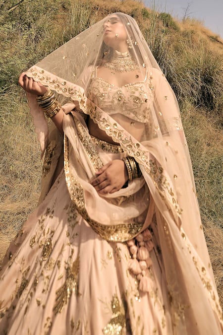 Buy_Labelmayaa_Pink Silk, Net Sequins, Embroidery Sweetheart Neck Bird Bridal Lehenga Set _Online_at_Aza_Fashions