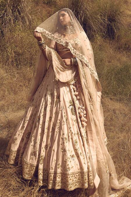 Shop_Labelmayaa_Pink Silk, Net Sequins, Embroidery Sweetheart Neck Bird Bridal Lehenga Set _Online_at_Aza_Fashions