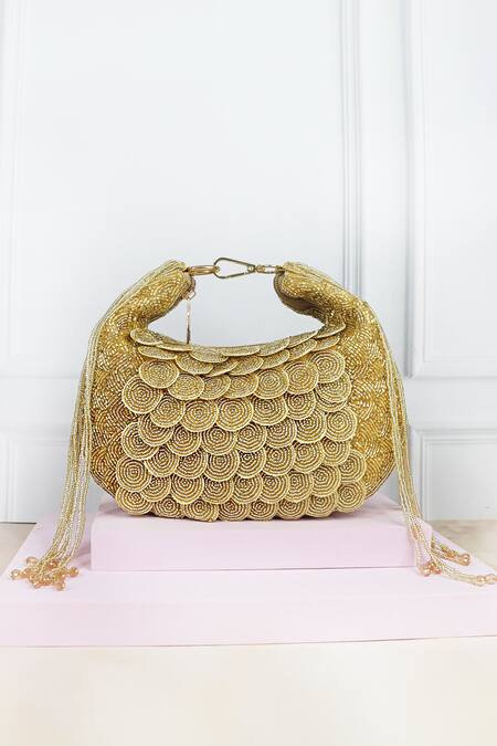 Soho Boho Studio By Aarti Thakur_Gold Embroidery Silk Scallop Bag_Online_at_Aza_Fashions