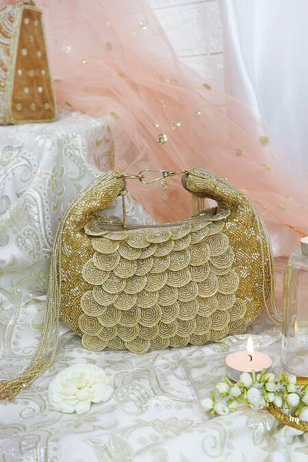 Buy_Soho Boho Studio By Aarti Thakur_Gold Embroidery Silk Scallop Bag_Online_at_Aza_Fashions