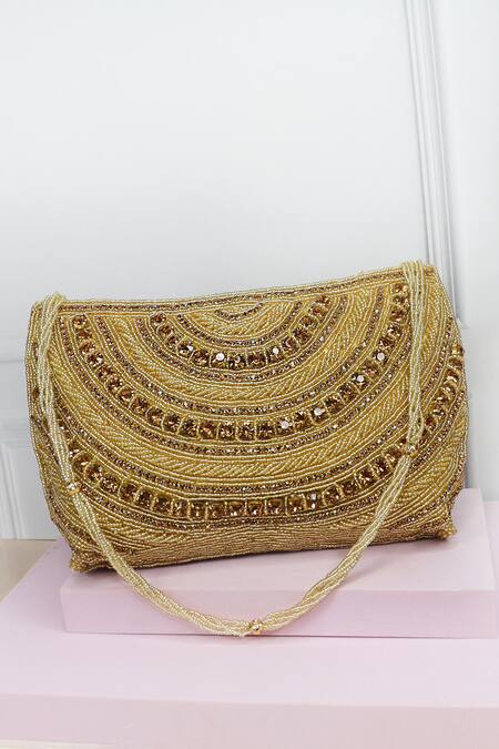 Soho Boho Studio By Aarti Thakur_Gold Beads, Crystals Geometric Embellished Handbag _Online_at_Aza_Fashions
