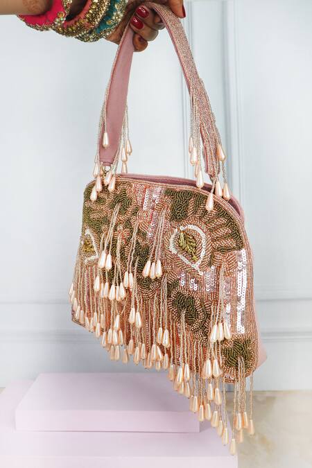 Soho Boho Studio By Aarti Thakur_Pink Beads, Tassels Abstract Embellished Handbag _Online_at_Aza_Fashions