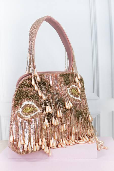 Shop_Soho Boho Studio By Aarti Thakur_Pink Beads, Tassels Abstract Embellished Handbag _Online_at_Aza_Fashions