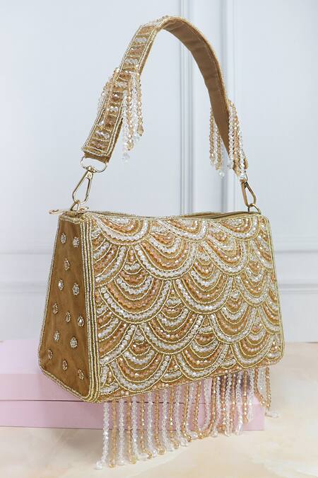 Soho Boho Studio By Aarti Thakur_Brown Beads, Embroidery Embellished Handbag With Scallop Design _Online_at_Aza_Fashions