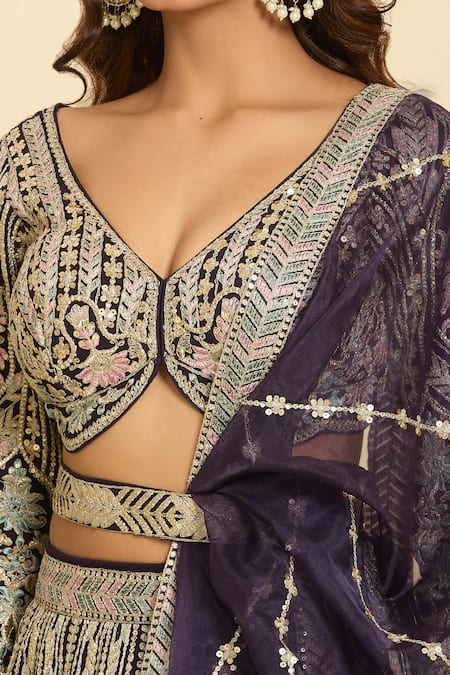 Samyukta Singhania Magenta Silk, Cotton Embroidery, Sequins Plunge Neck Floral Lehenga Set Online at Aza Fashions Samyukta Singhania_Magenta Silk, Cotton Embroidery, Sequins Plunge Neck Floral Lehenga Set_Online_at_Aza_Fashions