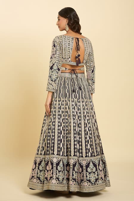 Shop Samyukta Singhania Magenta Silk, Cotton Embroidery, Sequins Plunge Neck Floral Lehenga Set at Aza Fashions Shop_Samyukta Singhania_Magenta Silk, Cotton Embroidery, Sequins Plunge Neck Floral Lehenga Set_at_Aza_Fashions