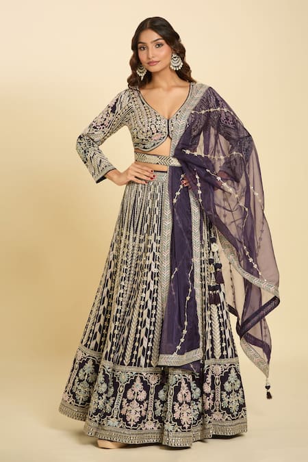 Shop Samyukta Singhania Magenta Silk, Cotton Embroidery, Sequins Plunge Neck Floral Lehenga Set Online at Aza Fashions Shop_Samyukta Singhania_Magenta Silk, Cotton Embroidery, Sequins Plunge Neck Floral Lehenga Set_Online_at_Aza_Fashions