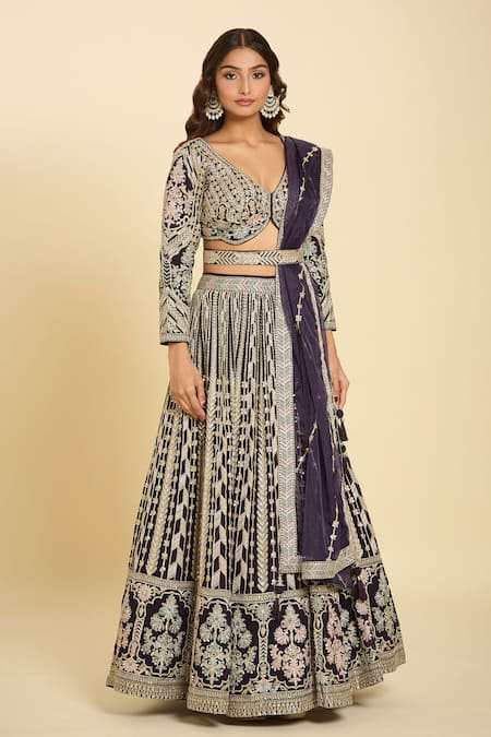 Buy Samyukta Singhania Magenta Silk, Cotton Embroidery, Sequins Plunge Neck Floral Lehenga Set Buy_Samyukta Singhania_Magenta Silk, Cotton Embroidery, Sequins Plunge Neck Floral Lehenga Set