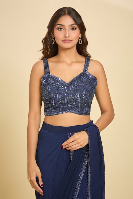 Samyukta Singhania_Blue Cotton Sequins, Beads, Embroidery Sweetheart Pre-draped Saree And Blouse Set _Online_at_Aza_Fashions