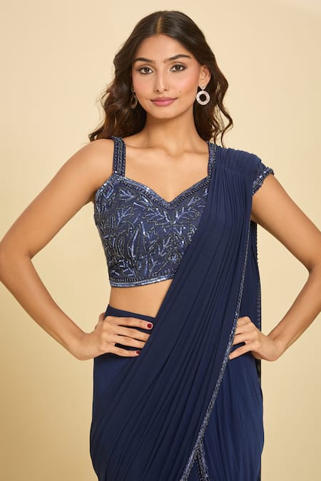 Buy_Samyukta Singhania_Blue Cotton Sequins, Beads, Embroidery Sweetheart Pre-draped Saree And Blouse Set _Online_at_Aza_Fashions