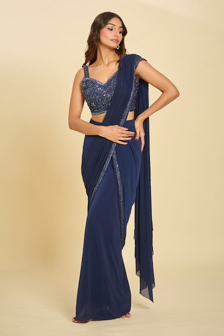 Samyukta Singhania_Blue Cotton Sequins, Beads, Embroidery Sweetheart Pre-draped Saree And Blouse Set _at_Aza_Fashions