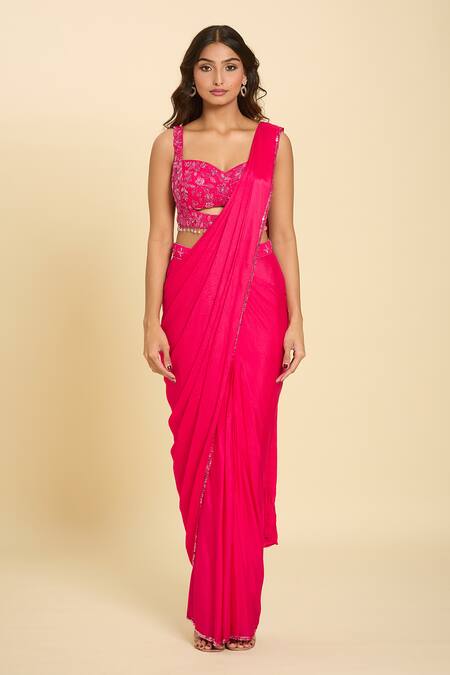 Samyukta Singhania_Pink Sequins, Tassels, Cut Work Sweetheart Floral Embroidered Pre-draped Saree_Online_at_Aza_Fashions