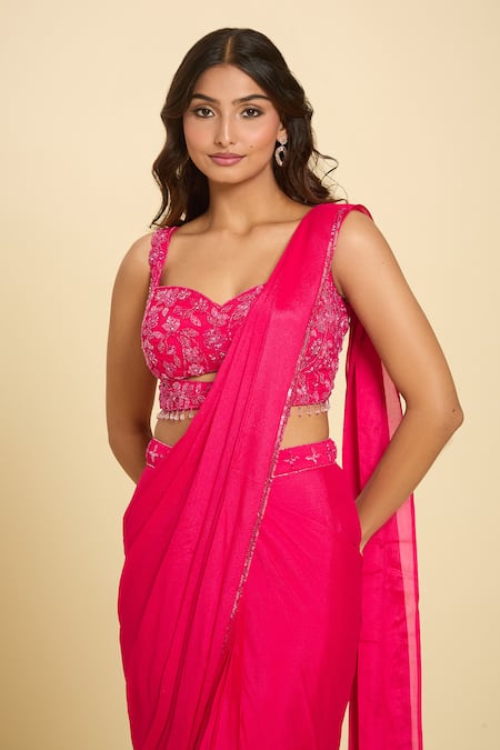 Shop_Samyukta Singhania_Pink Sequins, Tassels, Cut Work Sweetheart Floral Embroidered Pre-draped Saree_Online_at_Aza_Fashions