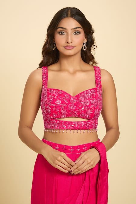 Samyukta Singhania_Pink Sequins, Tassels, Cut Work Sweetheart Floral Embroidered Pre-draped Saree_at_Aza_Fashions