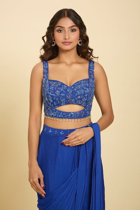 Samyukta Singhania_Blue Cutdana, Floral, Sequin, Tassel Embroidered Pre-draped Saree And Blouse Set_Online_at_Aza_Fashions