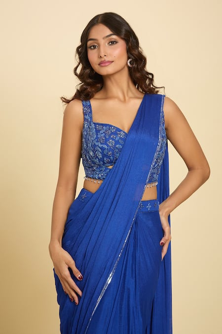 Buy_Samyukta Singhania_Blue Cutdana, Floral, Sequin, Tassel Embroidered Pre-draped Saree And Blouse Set_Online_at_Aza_Fashions