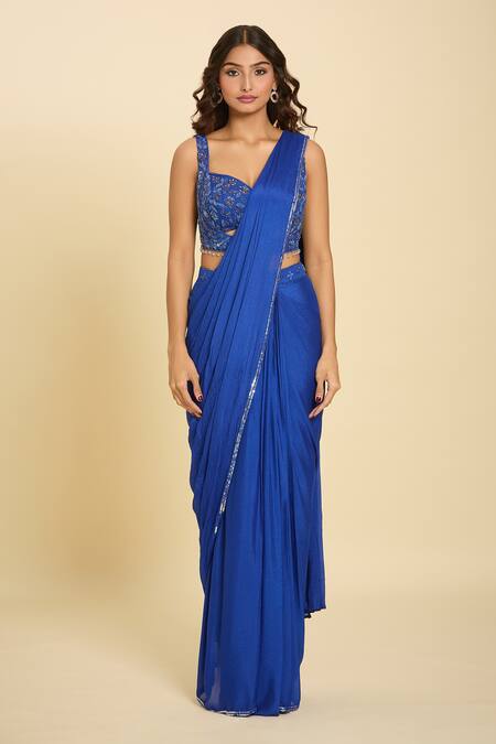 Samyukta Singhania_Blue Cutdana, Floral, Sequin, Tassel Embroidered Pre-draped Saree And Blouse Set_at_Aza_Fashions