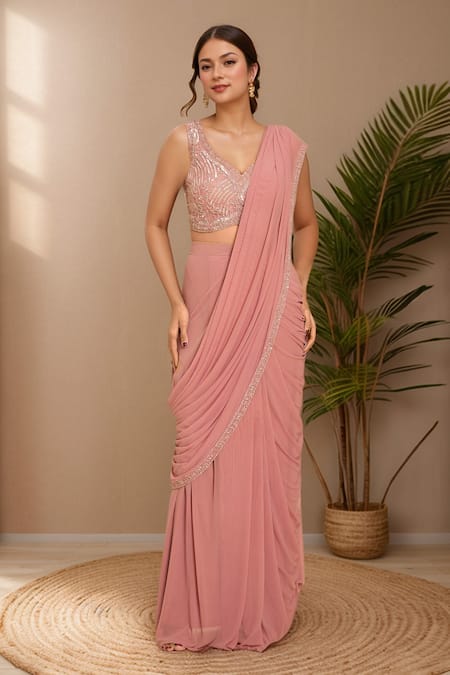 Samyukta Singhania Pink Silk Sequins, Cut Work, Embroidery Asymmetric Cutdana Pre-draped Saree