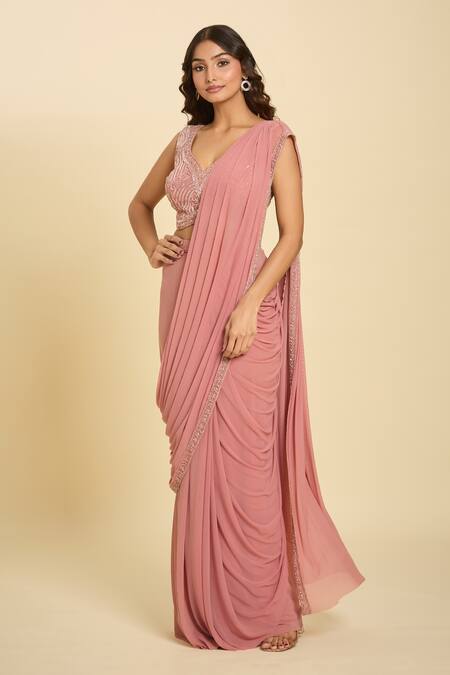 Samyukta Singhania Pink Silk Sequins, Cut Work, Embroidery Asymmetric Cutdana Pre-draped Saree at Aza Fashions Samyukta Singhania_Pink Silk Sequins, Cut Work, Embroidery Asymmetric Cutdana Pre-draped Saree _at_Aza_Fashions