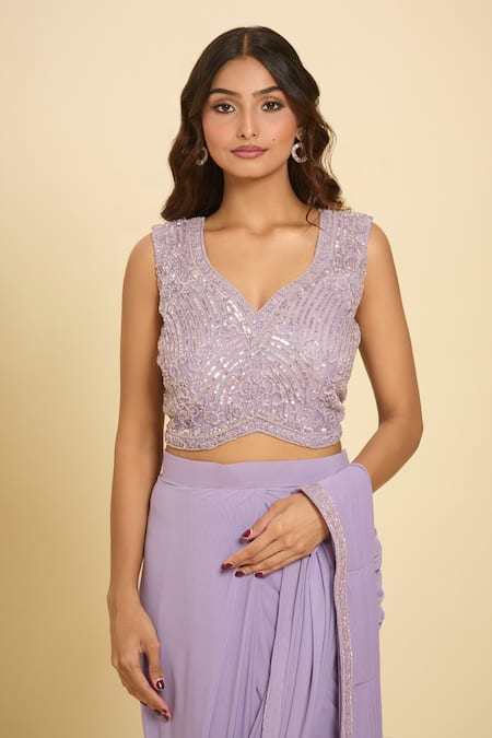 Samyukta Singhania Lavender Sequins, Embroidery, Cut Work Cutdana Hem Pre-draped Saree Online at Aza Fashions Samyukta Singhania_Lavender Sequins, Embroidery, Cut Work Cutdana Hem Pre-draped Saree _Online_at_Aza_Fashions