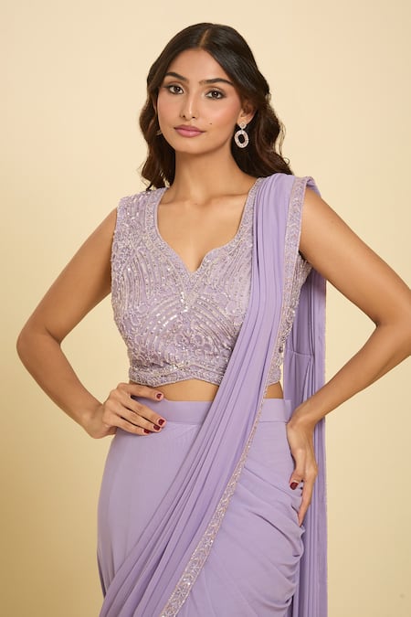Buy Samyukta Singhania Lavender Sequins, Embroidery, Cut Work Cutdana Hem Pre-draped Saree Online at Aza Fashions Buy_Samyukta Singhania_Lavender Sequins, Embroidery, Cut Work Cutdana Hem Pre-draped Saree _Online_at_Aza_Fashions