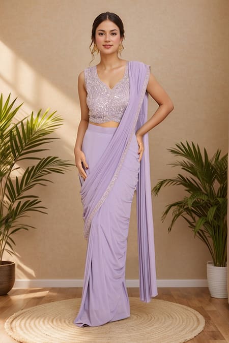 Samyukta Singhania Lavender Sequins, Embroidery, Cut Work Cutdana Hem Pre-draped Saree