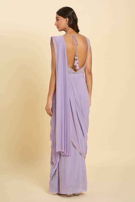 Shop Samyukta Singhania Lavender Sequins, Embroidery, Cut Work Cutdana Hem Pre-draped Saree at Aza Fashions Shop_Samyukta Singhania_Lavender Sequins, Embroidery, Cut Work Cutdana Hem Pre-draped Saree _at_Aza_Fashions
