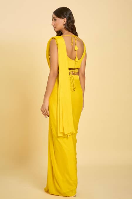Shop Samyukta Singhania Yellow Silk Beads, Sequins, Embroidery V-neck Pre-draped Saree Set at Aza Fashions Shop_Samyukta Singhania_Yellow Silk Beads, Sequins, Embroidery V-neck Pre-draped Saree Set_at_Aza_Fashions