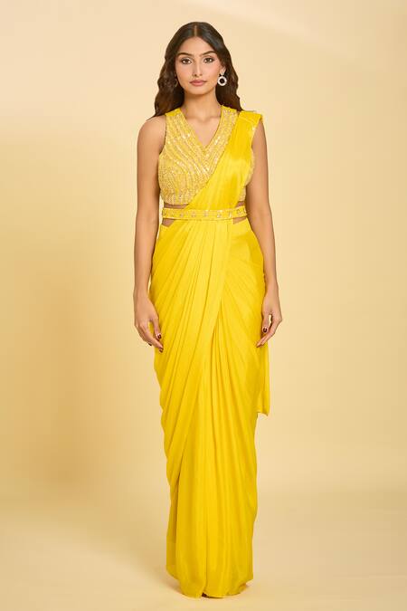 Samyukta Singhania Yellow Silk Beads, Sequins, Embroidery V-neck Pre-draped Saree Set at Aza Fashions Samyukta Singhania_Yellow Silk Beads, Sequins, Embroidery V-neck Pre-draped Saree Set_at_Aza_Fashions