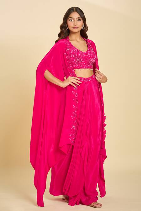 Samyukta Singhania Pink Silk Sequins, Beads, Tassels Round Neck Embroidered Cape And Draped Skirt Set Online at Aza Fashions Samyukta Singhania_Pink Silk Sequins, Beads, Tassels Round Neck Embroidered Cape And Draped Skirt Set_Online_at_Aza_Fashions
