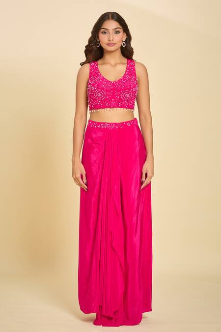 Buy Samyukta Singhania Pink Silk Sequins, Beads, Tassels Round Neck Embroidered Cape And Draped Skirt Set Online at Aza Fashions Buy_Samyukta Singhania_Pink Silk Sequins, Beads, Tassels Round Neck Embroidered Cape And Draped Skirt Set_Online_at_Aza_Fashions