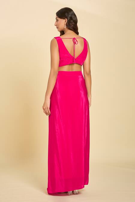 Shop Samyukta Singhania Pink Silk Sequins, Beads, Tassels Round Neck Embroidered Cape And Draped Skirt Set at Aza Fashions Shop_Samyukta Singhania_Pink Silk Sequins, Beads, Tassels Round Neck Embroidered Cape And Draped Skirt Set_at_Aza_Fashions