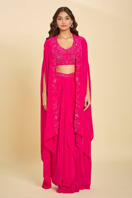 Shop Samyukta Singhania Pink Silk Sequins, Beads, Tassels Round Neck Embroidered Cape And Draped Skirt Set Online at Aza Fashions Shop_Samyukta Singhania_Pink Silk Sequins, Beads, Tassels Round Neck Embroidered Cape And Draped Skirt Set_Online_at_Aza_Fashions