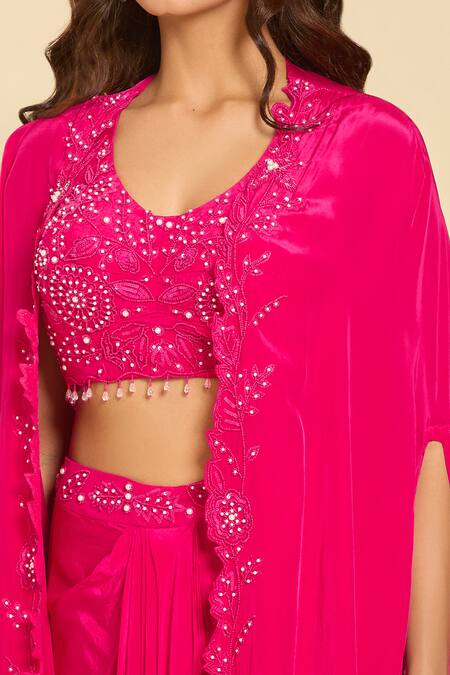 Samyukta Singhania Pink Silk Sequins, Beads, Tassels Round Neck Embroidered Cape And Draped Skirt Set at Aza Fashions Samyukta Singhania_Pink Silk Sequins, Beads, Tassels Round Neck Embroidered Cape And Draped Skirt Set_at_Aza_Fashions