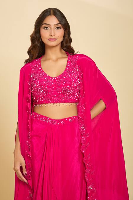 Shop Samyukta Singhania Pink Silk Sequins, Beads, Tassels Round Neck Embroidered Cape And Draped Skirt Set Shop_Samyukta Singhania_Pink Silk Sequins, Beads, Tassels Round Neck Embroidered Cape And Draped Skirt Set