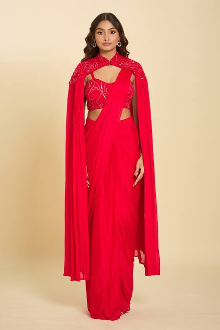 Shop_Samyukta Singhania_Red Cutdana, Floral, Sequin, Bead Solid Pre-draped Saree Set With Embroidered_Online_at_Aza_Fashions
