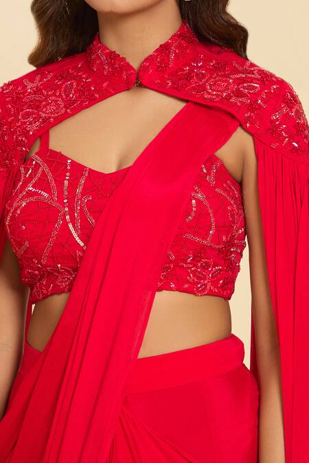 Samyukta Singhania_Red Cutdana, Floral, Sequin, Bead Solid Pre-draped Saree Set With Embroidered_at_Aza_Fashions