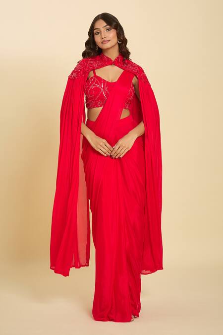 Buy_Samyukta Singhania_Red Cutdana, Floral, Sequin, Bead Solid Pre-draped Saree Set With Embroidered