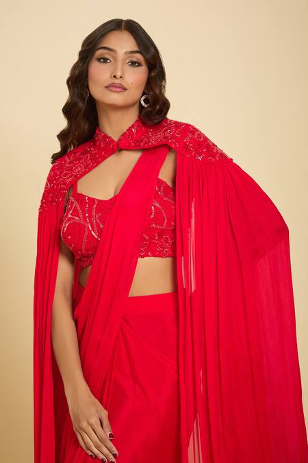 Shop_Samyukta Singhania_Red Cutdana, Floral, Sequin, Bead Solid Pre-draped Saree Set With Embroidered