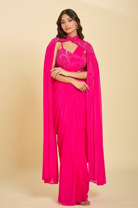 Samyukta Singhania_Pink Cutdana, Floral, Sequin, Bead Blouse Solid Pre-draped Saree Set With_Online_at_Aza_Fashions
