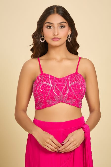 Shop_Samyukta Singhania_Pink Cutdana, Floral, Sequin, Bead Blouse Solid Pre-draped Saree Set With_Online_at_Aza_Fashions