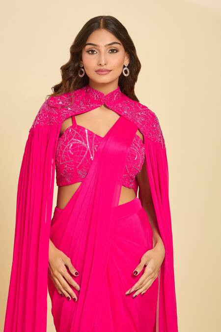 Samyukta Singhania_Pink Cutdana, Floral, Sequin, Bead Blouse Solid Pre-draped Saree Set With_at_Aza_Fashions