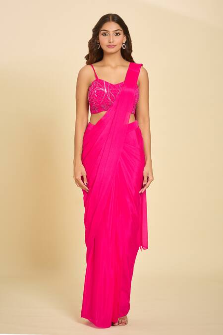 Buy_Samyukta Singhania_Pink Cutdana, Floral, Sequin, Bead Blouse Solid Pre-draped Saree Set With